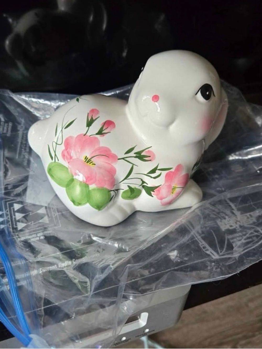 Vintage ceramic hand painted white floral rabbit